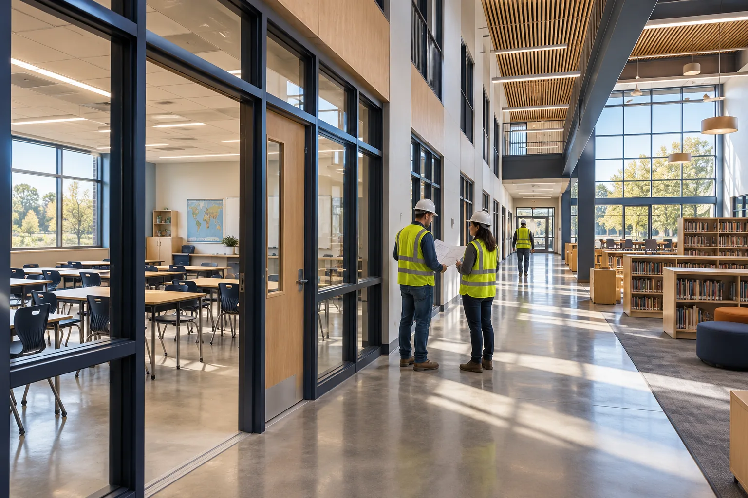 AI-generated illustration of modern school construction with classrooms, daylight windows, corridor and library shelving.