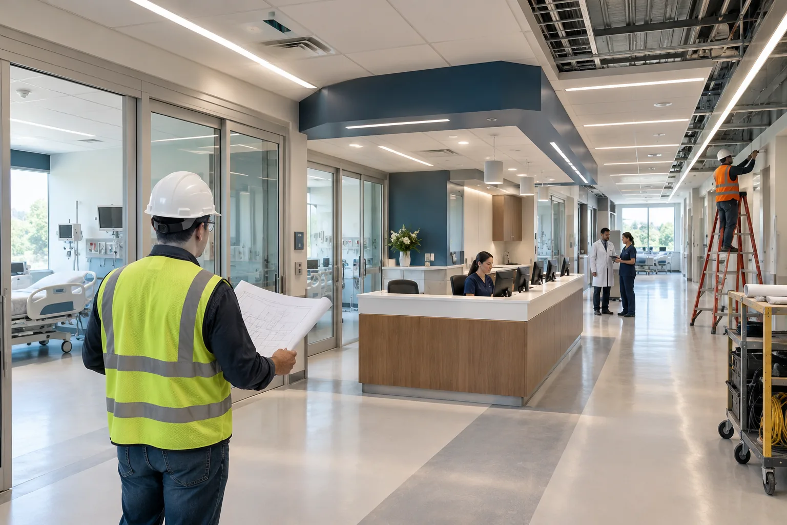 AI-generated illustration of new healthcare building interior with clean clinical corridor, nurse station and coordinated ceiling services.
