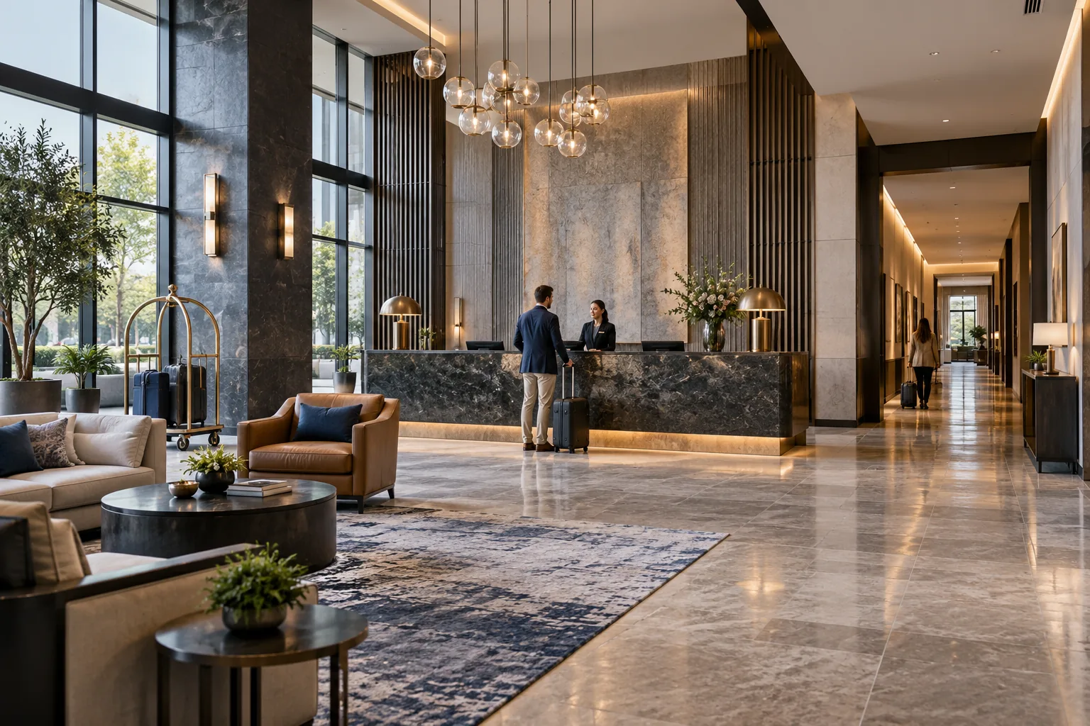 AI-generated illustration of modern hotel lobby with reception desk, luggage space, seating, stone floors and guest corridor.