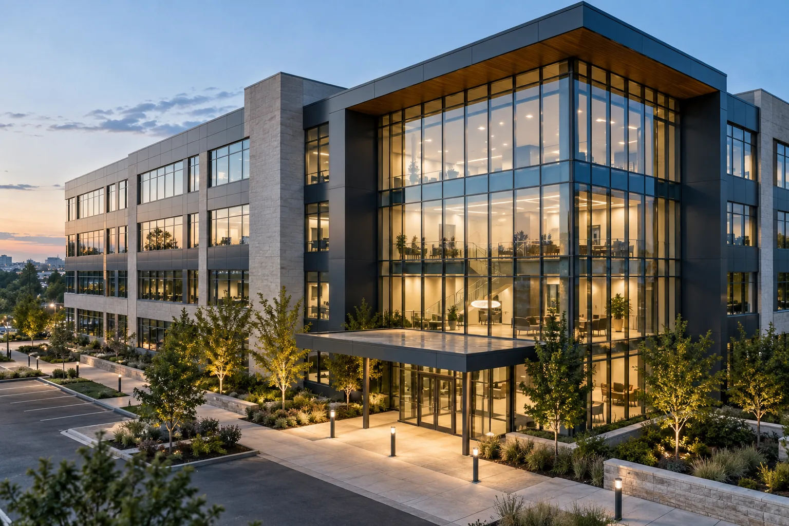 AI-generated illustration of contemporary mid-rise office building with glass facade, landscaped entrance and visible lobby.