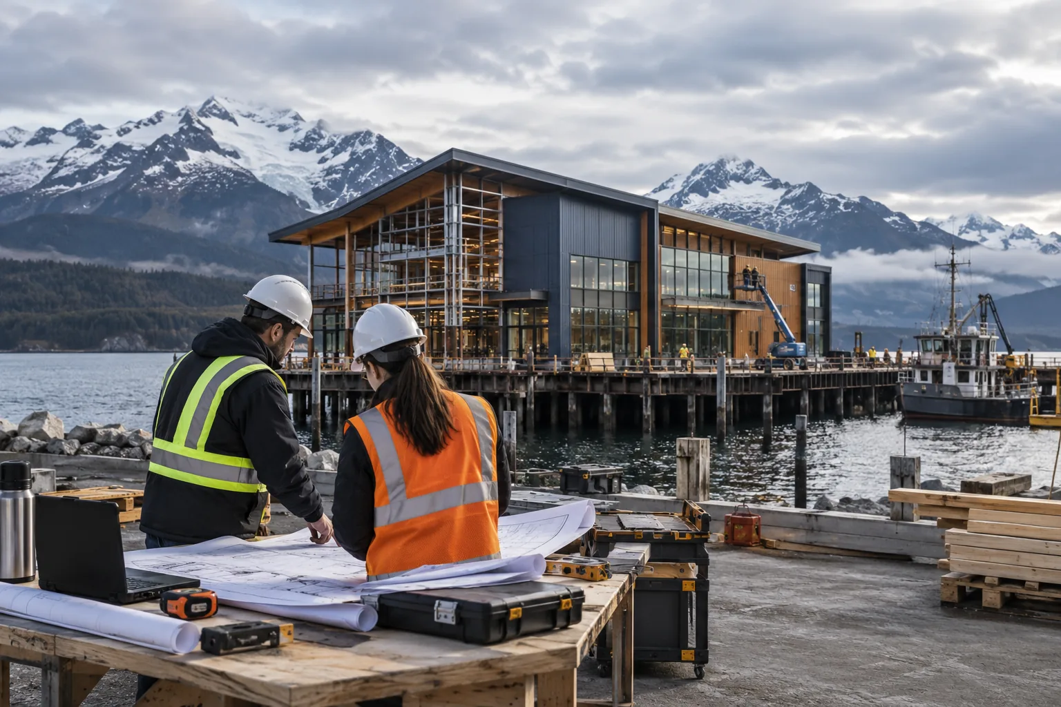 commercial waterfront building with rugged distant mountains and cool overcast light, foreground project drawing review station; illustrative regional setting for Alaska, no specific real landmark.