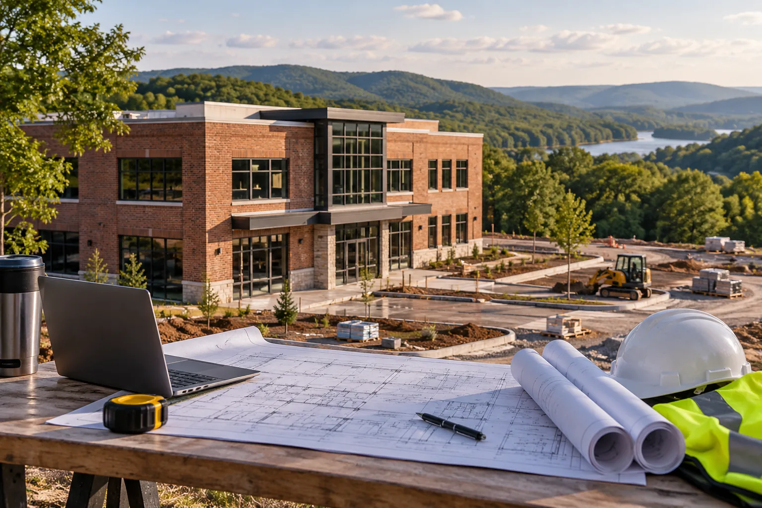 commercial brick building beside green rolling hills and deciduous trees, foreground project drawing review station; illustrative regional setting for Arkansas, no specific real landmark.