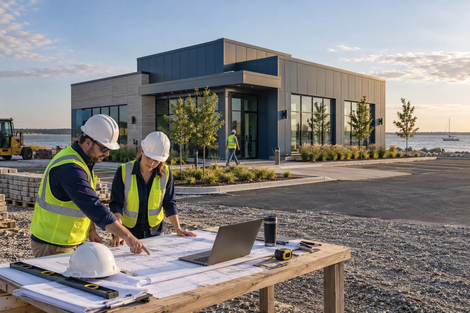 small coastal commercial office building with flat landscape and soft Atlantic light, foreground project drawing review station; illustrative regional setting for Delaware, no specific real landmark.