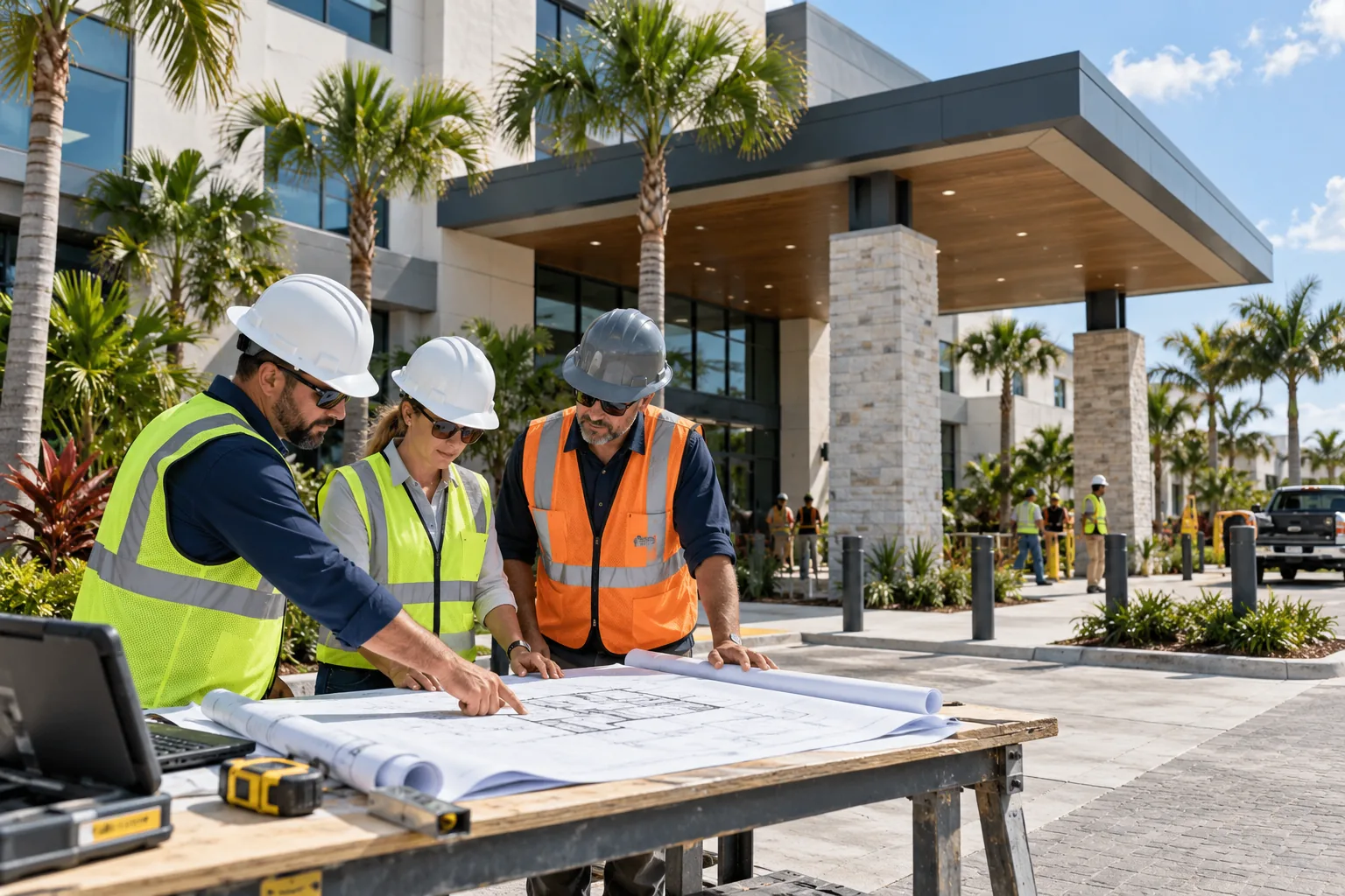 modern commercial building with hurricane-conscious sheltered entrances, palms and subtropical landscaping, foreground project drawing review station; illustrative regional setting for Florida, no specific real landmark.