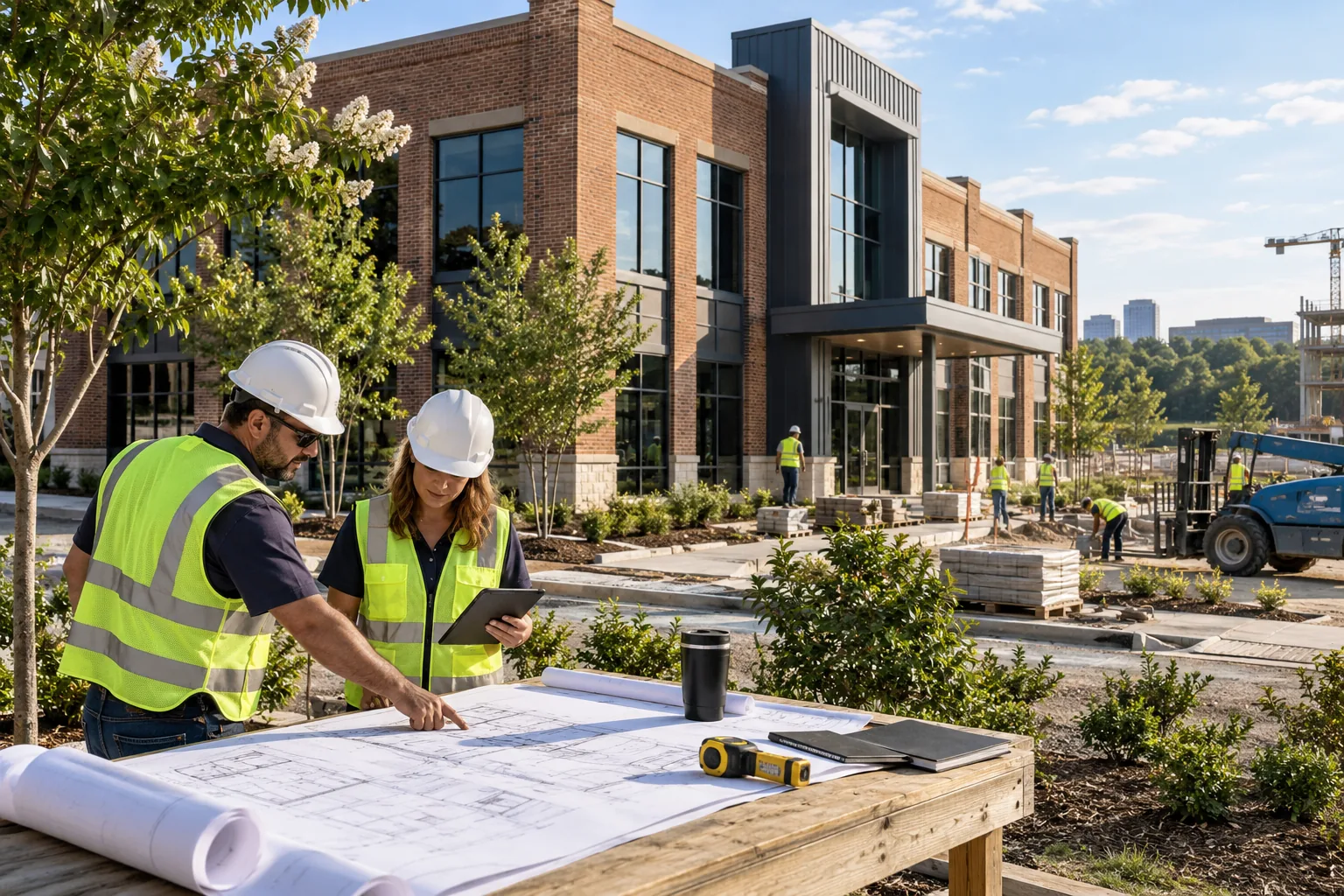 commercial office construction with brick facades and leafy southern landscaping, foreground project drawing review station; illustrative regional setting for Georgia, no specific real landmark.
