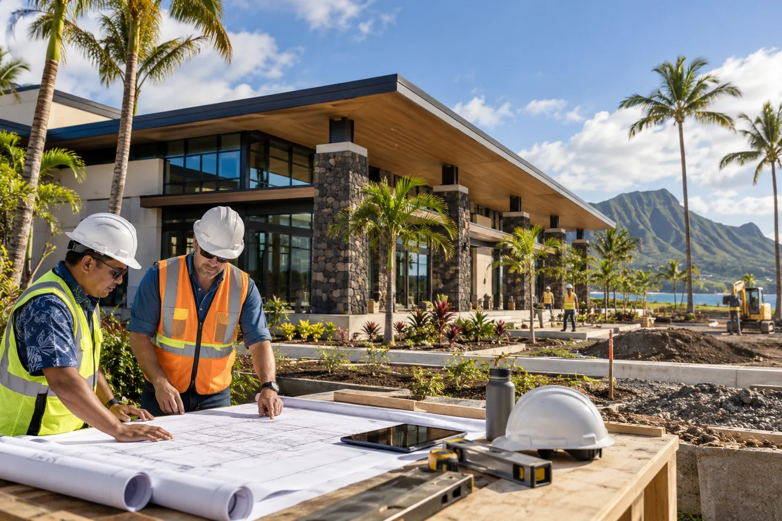 tropical low-rise commercial building with deep roof overhangs, palms and distant volcanic ridgeline, foreground project drawing review station; illustrative regional setting for Hawaii, no specific real landmark.