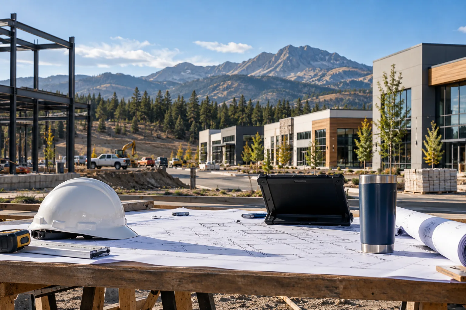 commercial business park with foothill landscape and conifer trees, foreground project drawing review station; illustrative regional setting for Idaho, no specific real landmark.