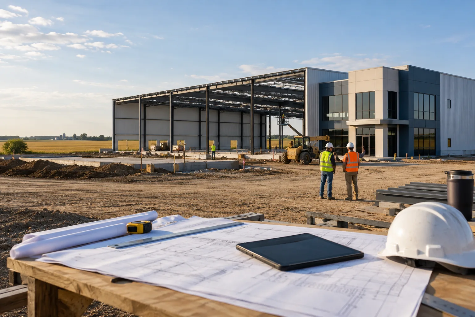 commercial warehouse and office development beside wide prairie fields, foreground project drawing review station; illustrative regional setting for Iowa, no specific real landmark.