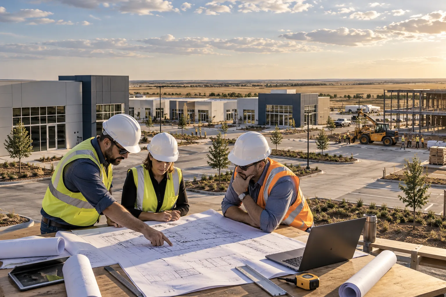 commercial business park with flat prairie horizon and strong afternoon light, foreground project drawing review station; illustrative regional setting for Kansas, no specific real landmark.
