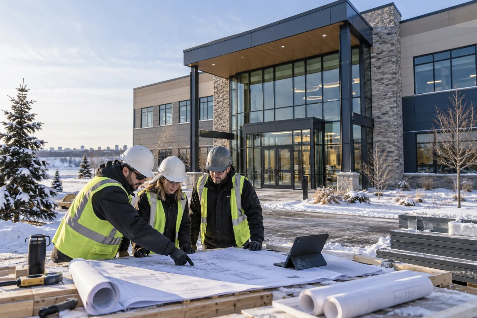 commercial office building with enclosed entry vestibule and northern landscape, foreground project drawing review station; illustrative regional setting for Minnesota, no specific real landmark.