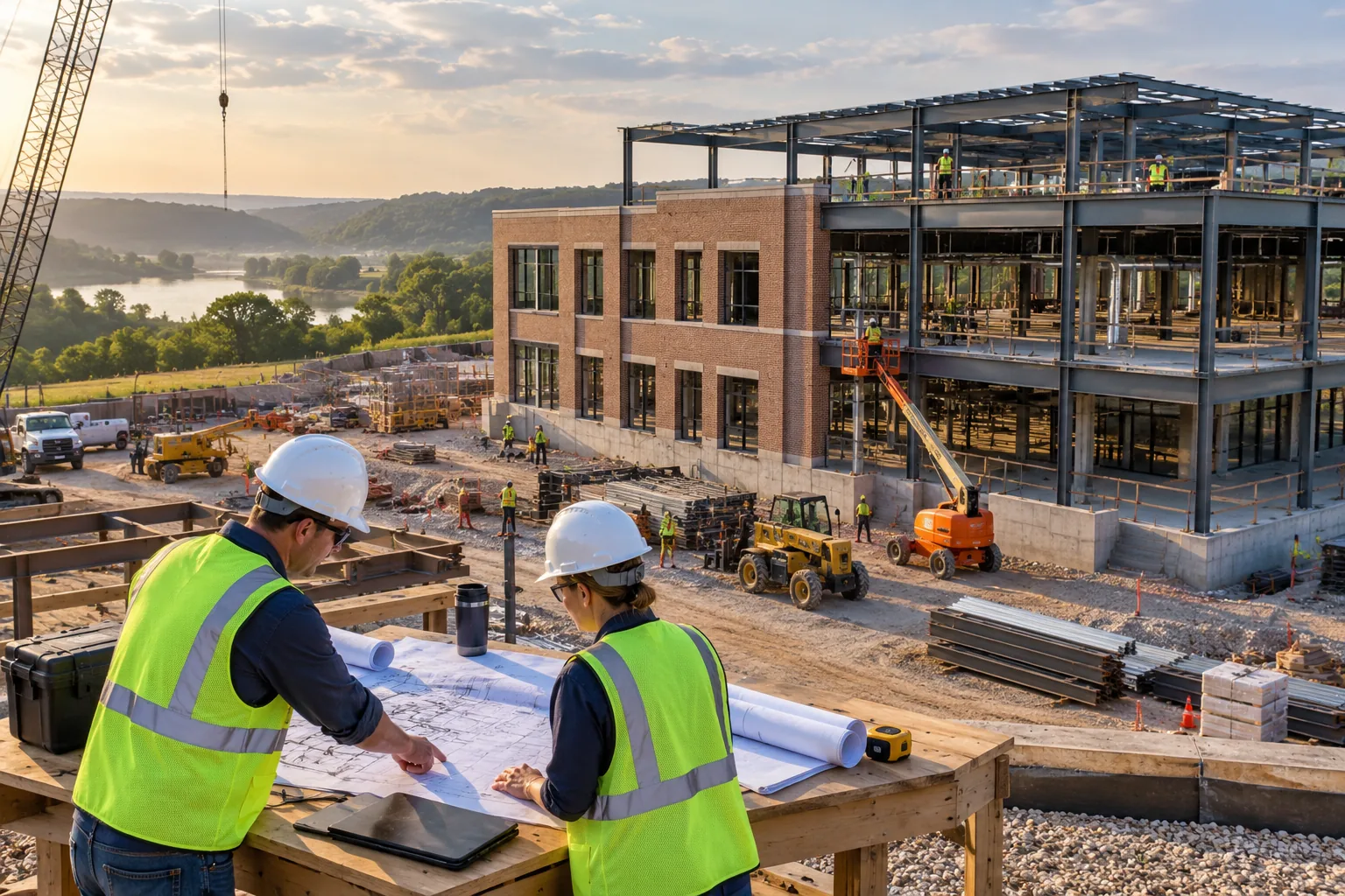commercial development with brick-and-steel construction beside gently rolling terrain, foreground project drawing review station; illustrative regional setting for Missouri, no specific real landmark.