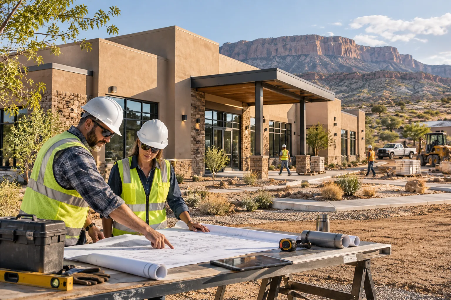 commercial low-rise building with warm stucco surfaces, desert landscaping and distant mesas, foreground project drawing review station; illustrative regional setting for New Mexico, no specific real landmark.