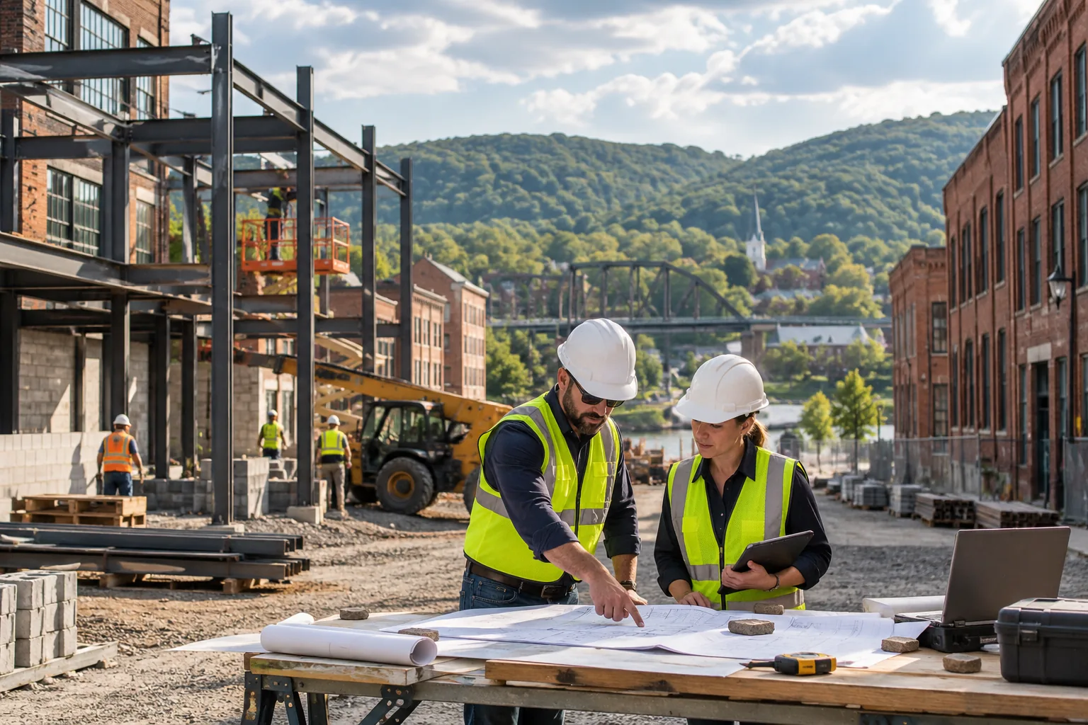 commercial construction in a brick industrial streetscape with green hills beyond, foreground project drawing review station; illustrative regional setting for Pennsylvania, no specific real landmark.