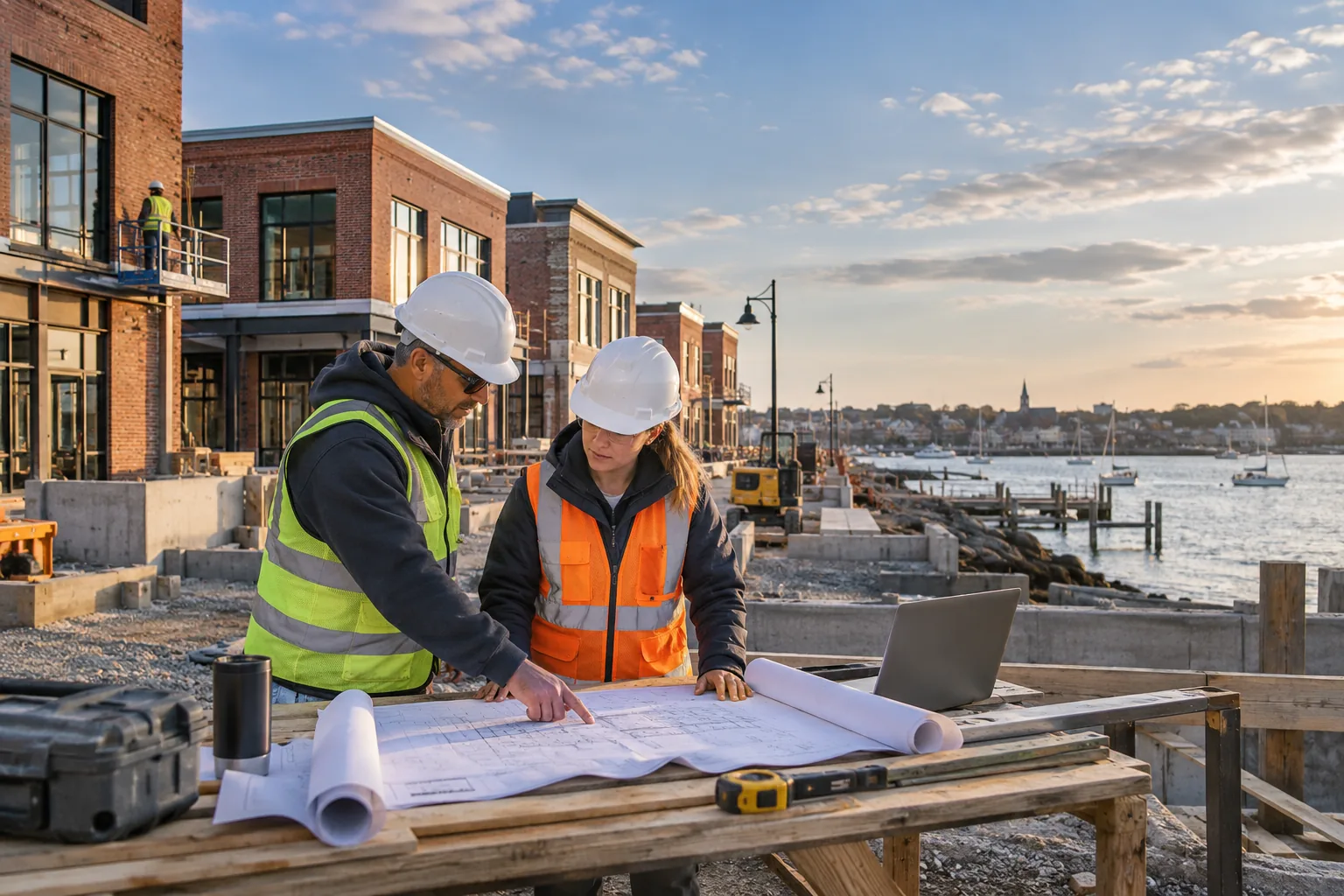 coastal commercial development with compact brick buildings and maritime light, foreground project drawing review station; illustrative regional setting for Rhode Island, no specific real landmark.