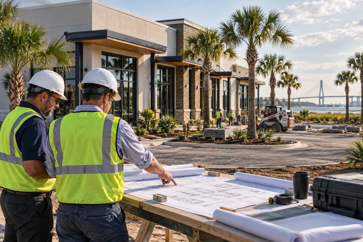 commercial low-rise building with shaded entrances and coastal palmetto landscaping, foreground project drawing review station; illustrative regional setting for South Carolina, no specific real landmark.