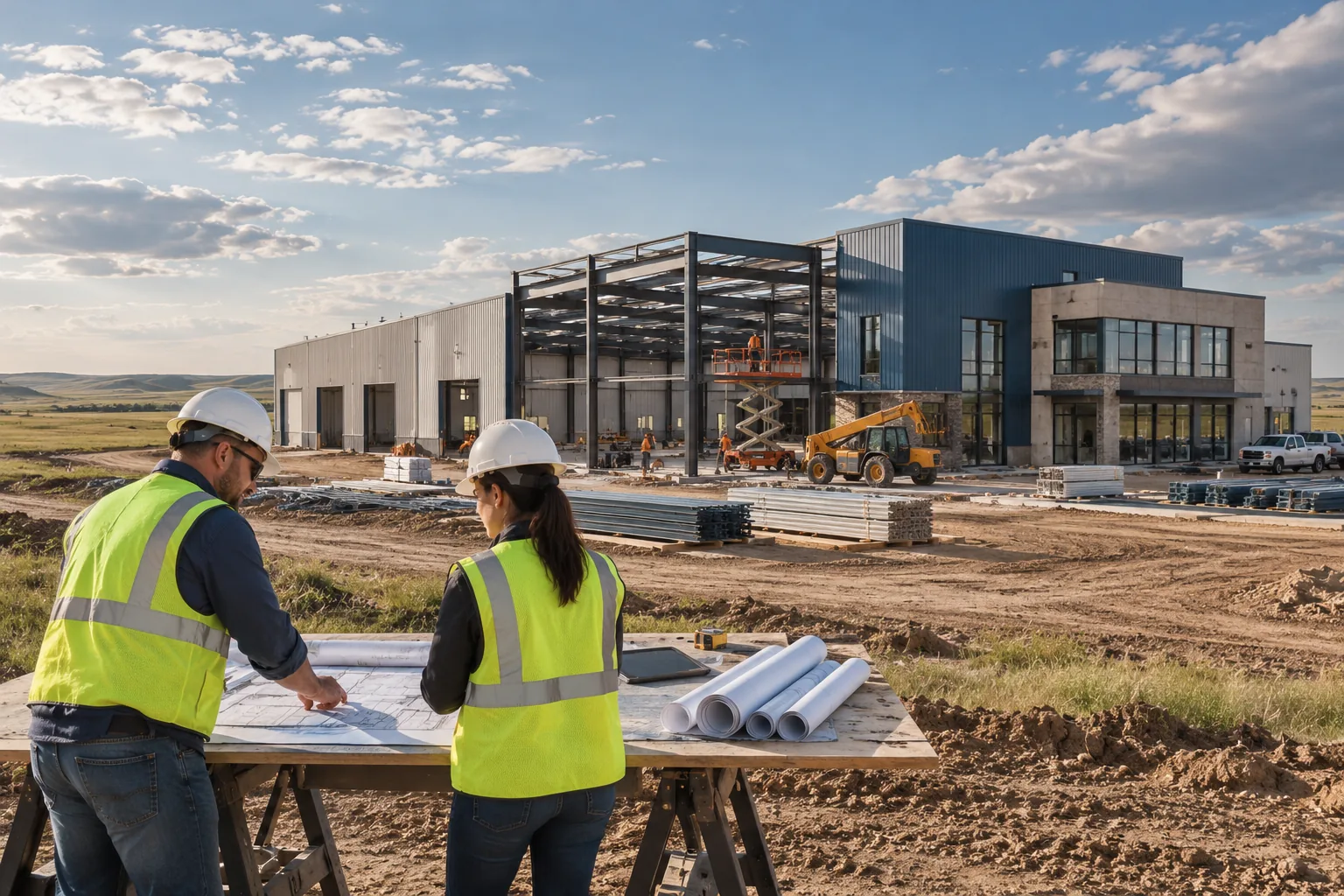 commercial warehouse and office development with grassland horizon and open skies, foreground project drawing review station; illustrative regional setting for South Dakota, no specific real landmark.