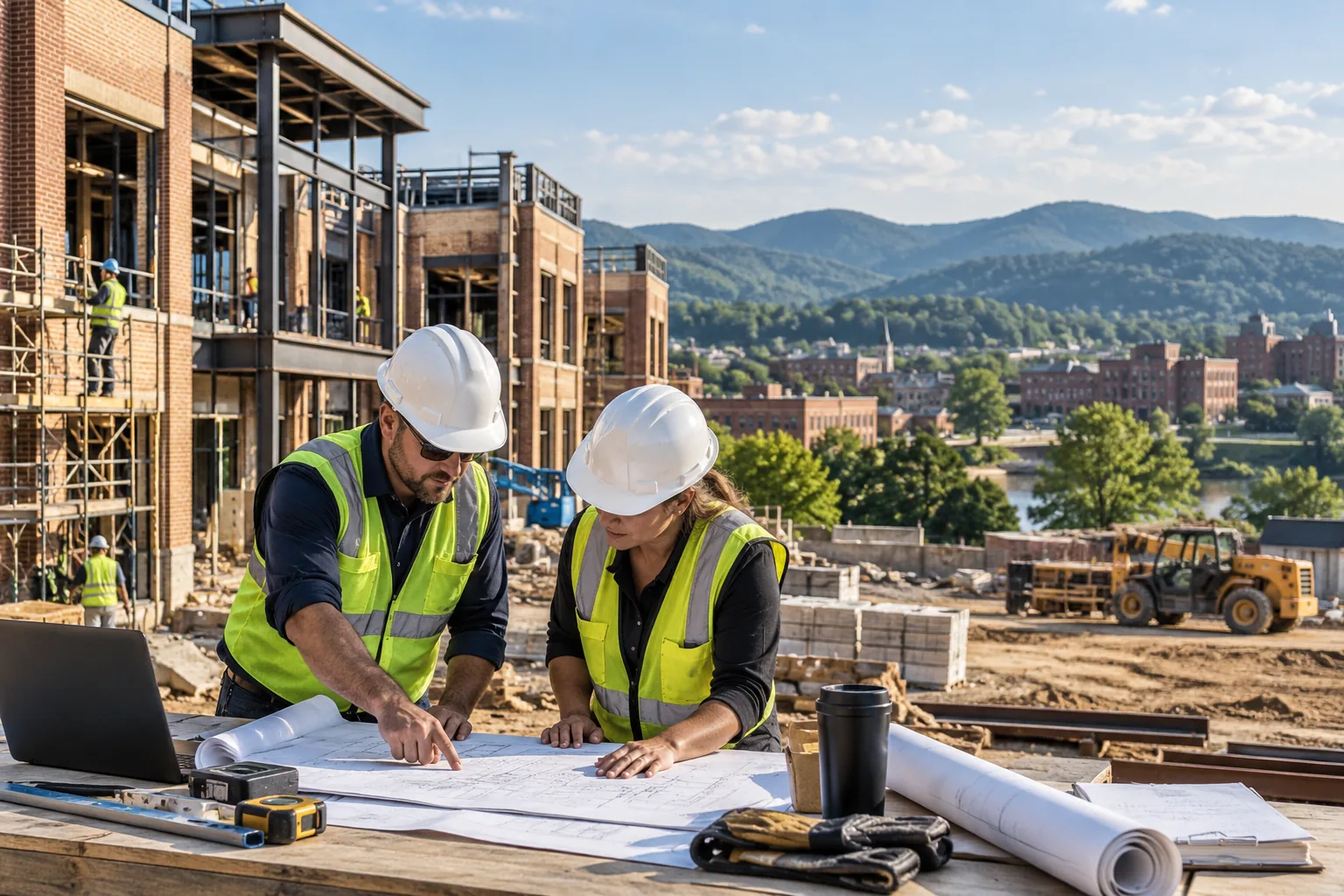 commercial construction with brick facades and green rolling southern hills, foreground project drawing review station; illustrative regional setting for Tennessee, no specific real landmark.