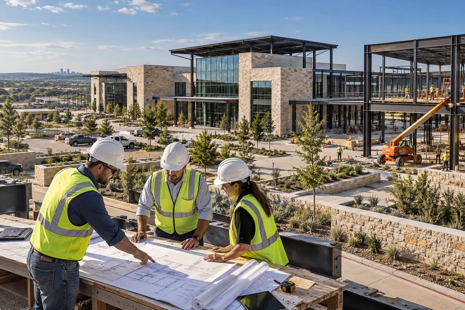 large commercial business park with steel structures, limestone facades and broad sunny landscape, foreground project drawing review station; illustrative regional setting for Texas, no specific real landmark.