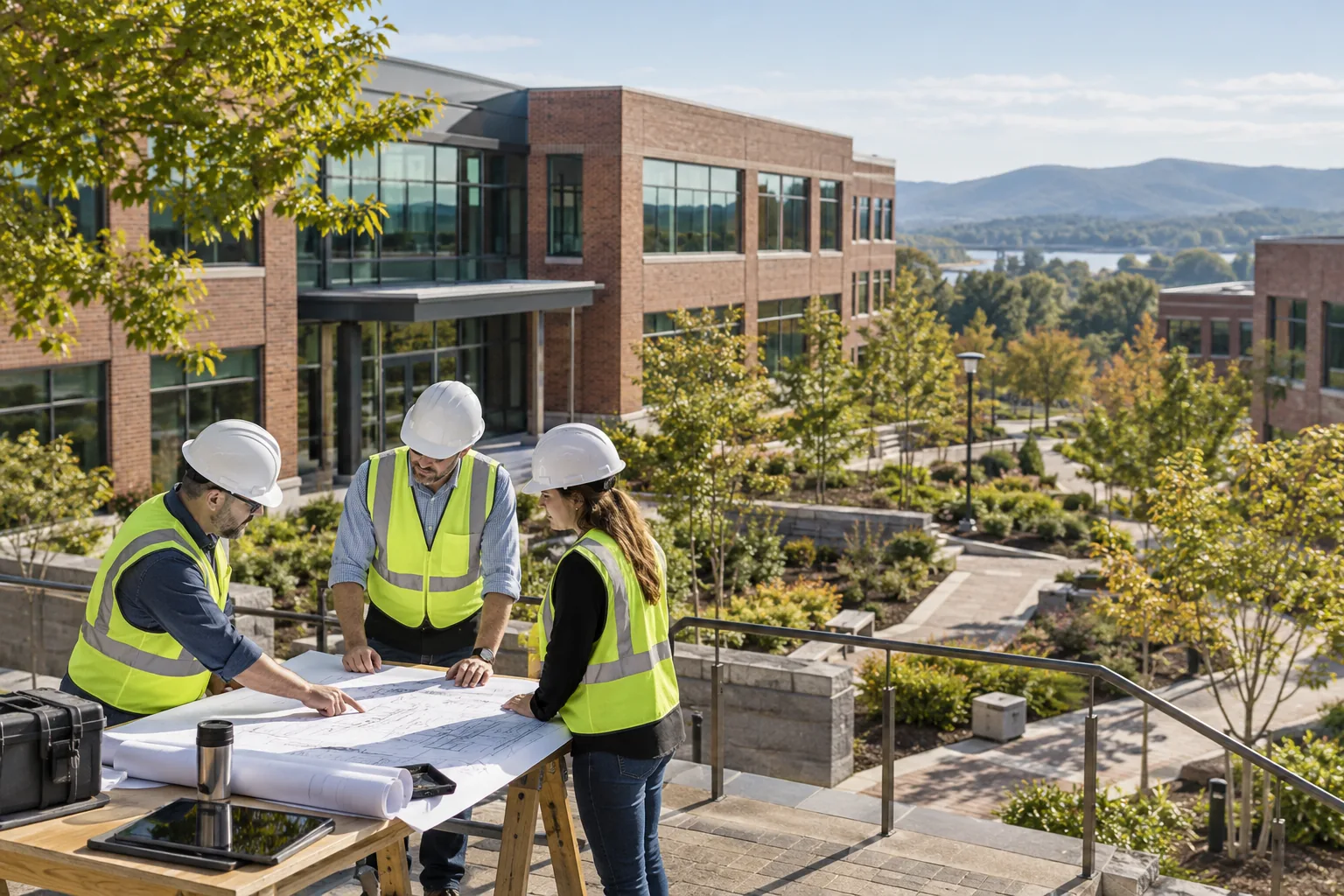 commercial brick office campus with mature deciduous trees and landscaped paths, foreground project drawing review station; illustrative regional setting for Virginia, no specific real landmark.