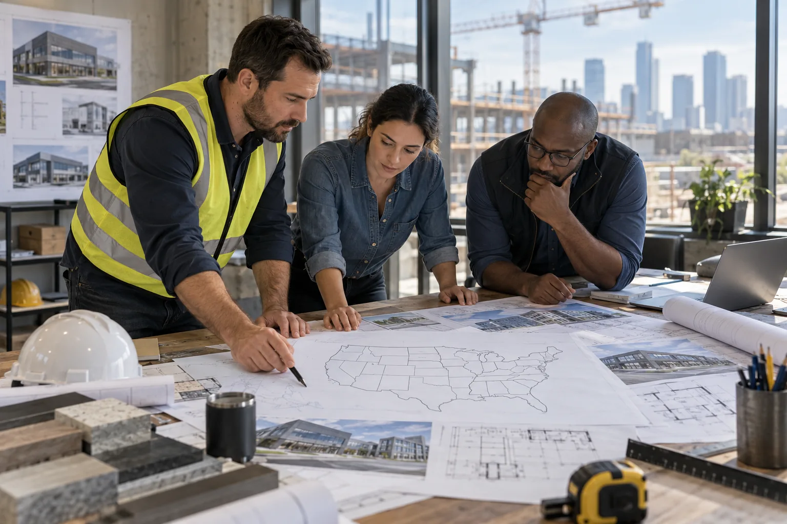 AI-generated illustration of commercial project planning workspace with a simple unlabeled United States outline map and regional building plans.