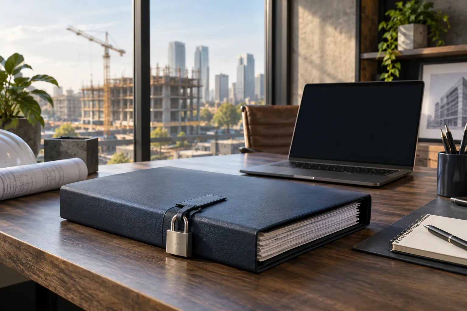AI-generated illustration of closed project document folder, small metal lock and laptop with blank dark screen in a clean professional workspace.