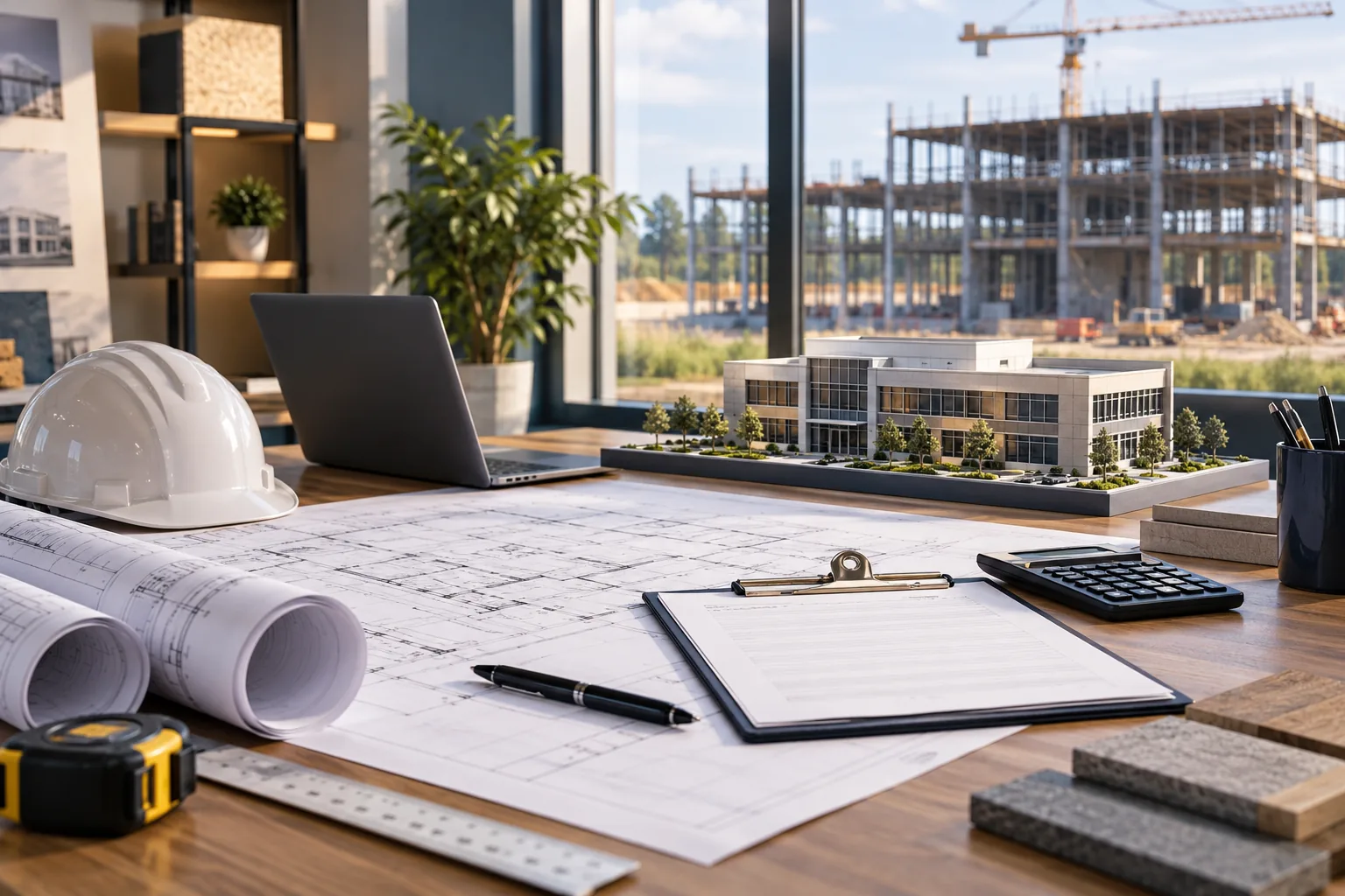 AI-generated illustration of project inquiry preparation desk with neatly arranged building plans, clipboard and commercial building model.
