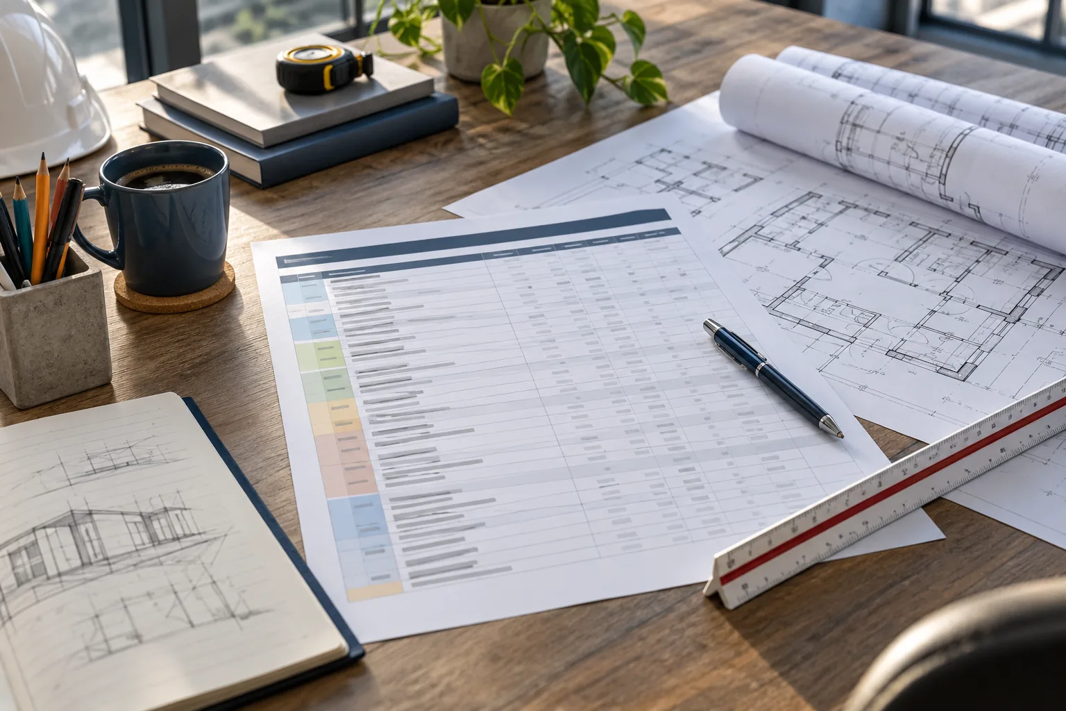 AI-generated illustration of overhead desk with quantity worksheet with abstract unreadable entries, measured plans, colored pencils and scale ruler.