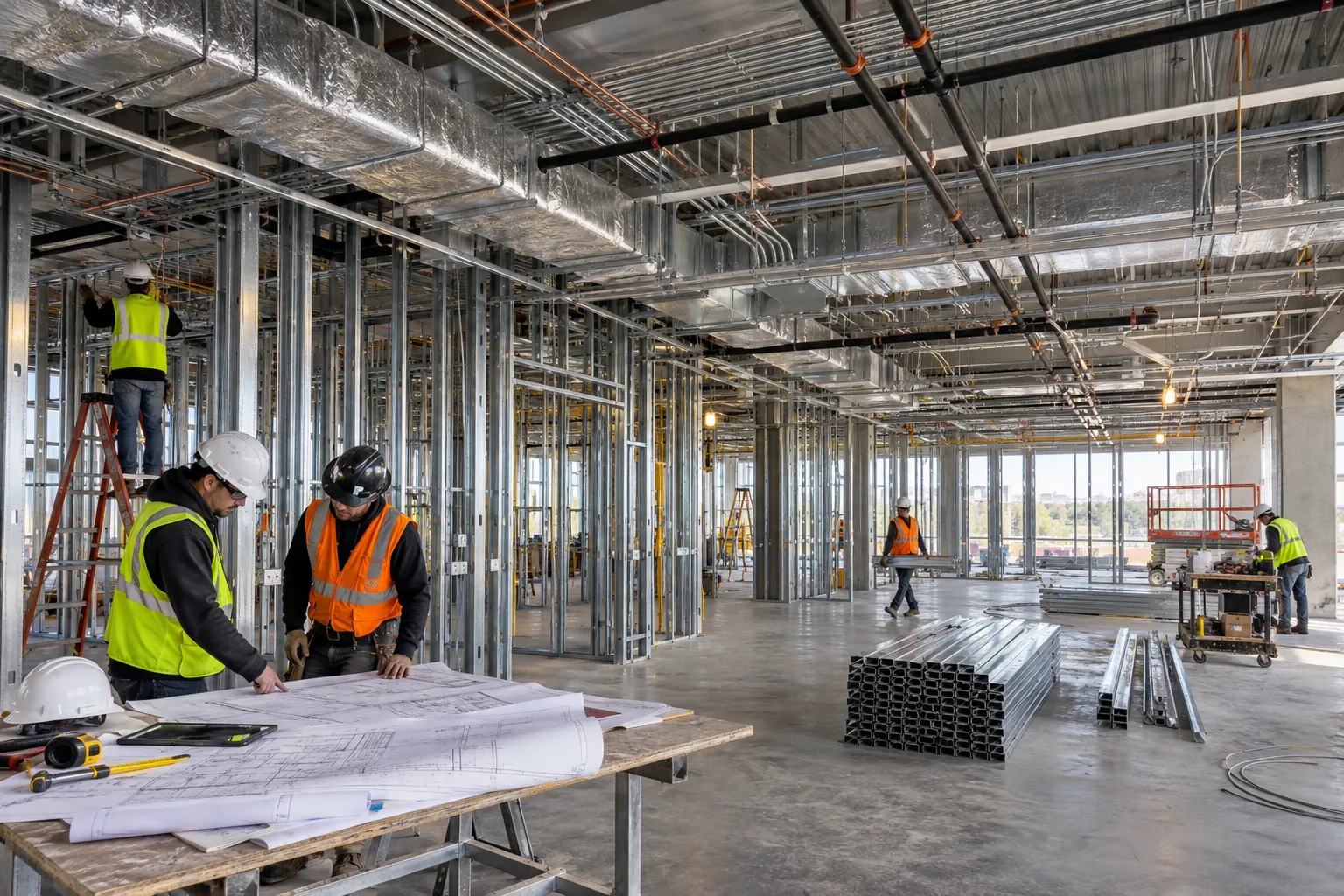 AI-generated illustration of commercial construction interior with coordinated steel framing, plumbing, electrical conduit and ductwork.