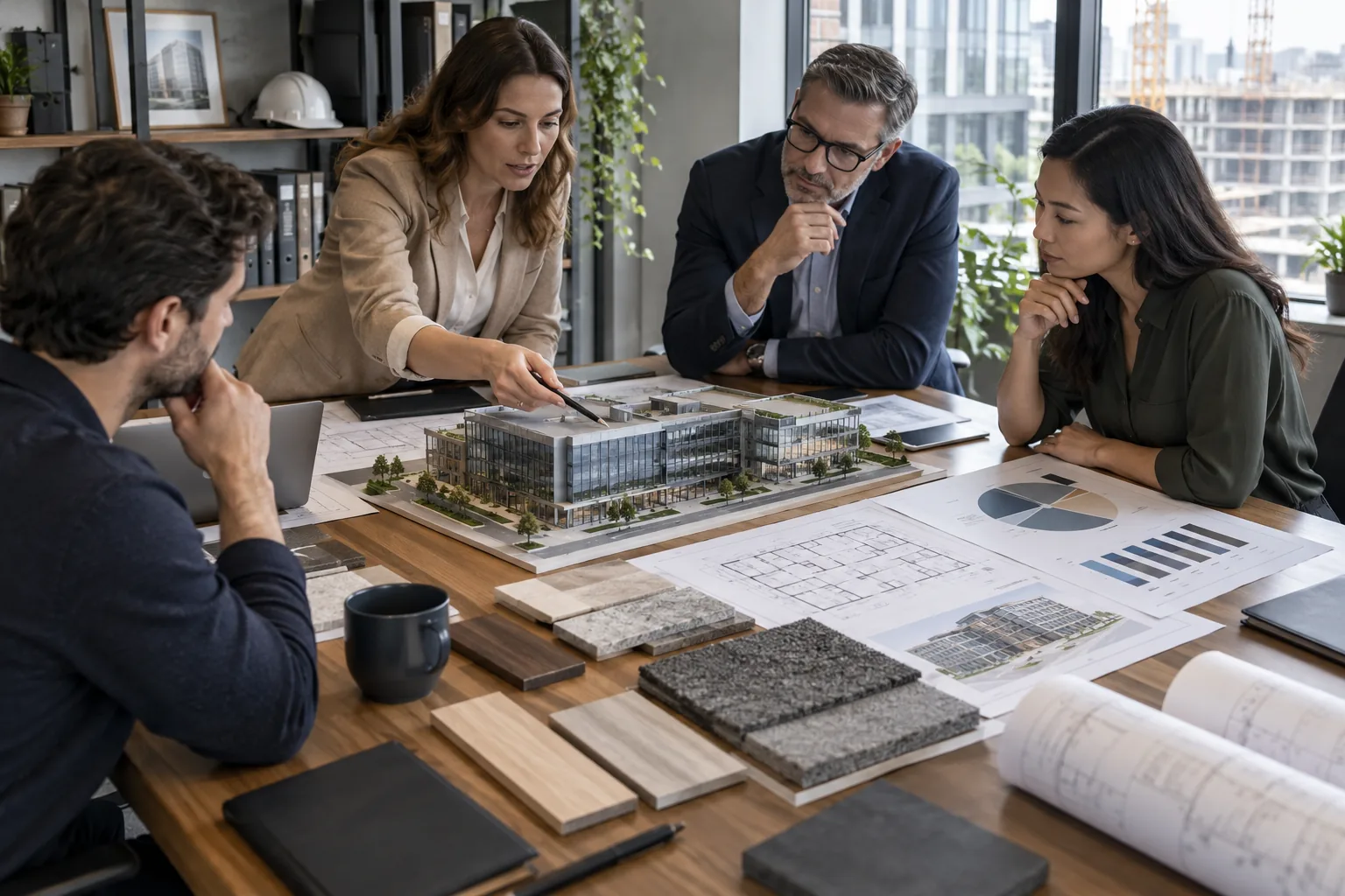 AI-generated illustration of commercial project budget planning meeting table with building model, alternate finish samples and abstract cost allocation charts.