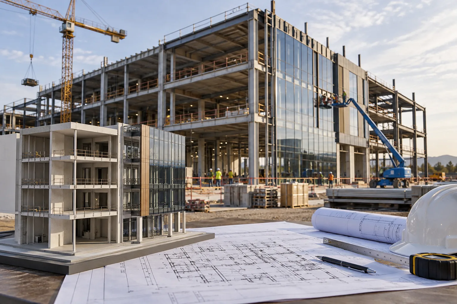 AI-generated illustration of commercial building shell and core under construction, coordinated structure and facade, foreground cross-section model and architectural plan.