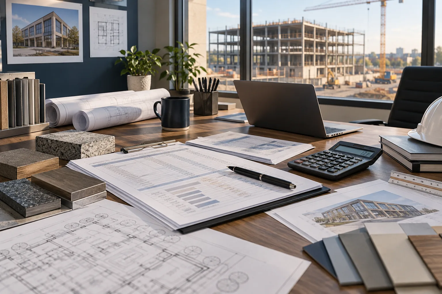AI-generated illustration of estimator desk with calculator, organized cost-review sheets with abstract unreadable entries, material samples and commercial project plans.