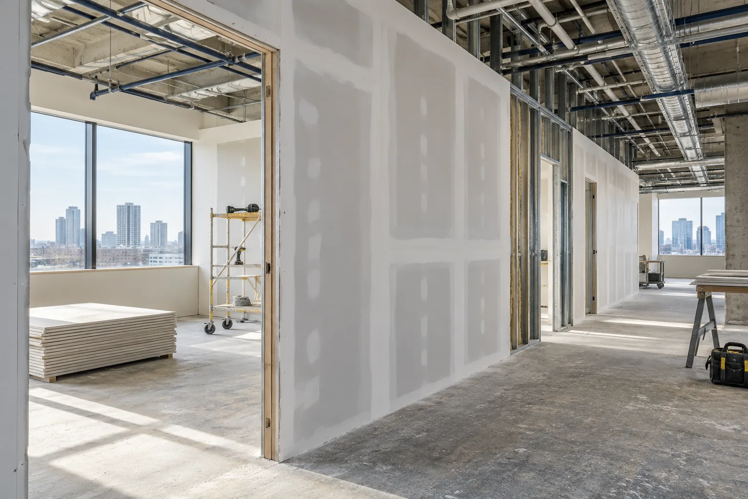 AI-generated illustration of commercial office fit-out showing gypsum board installation, neatly finished taped joints and a partially open partition.