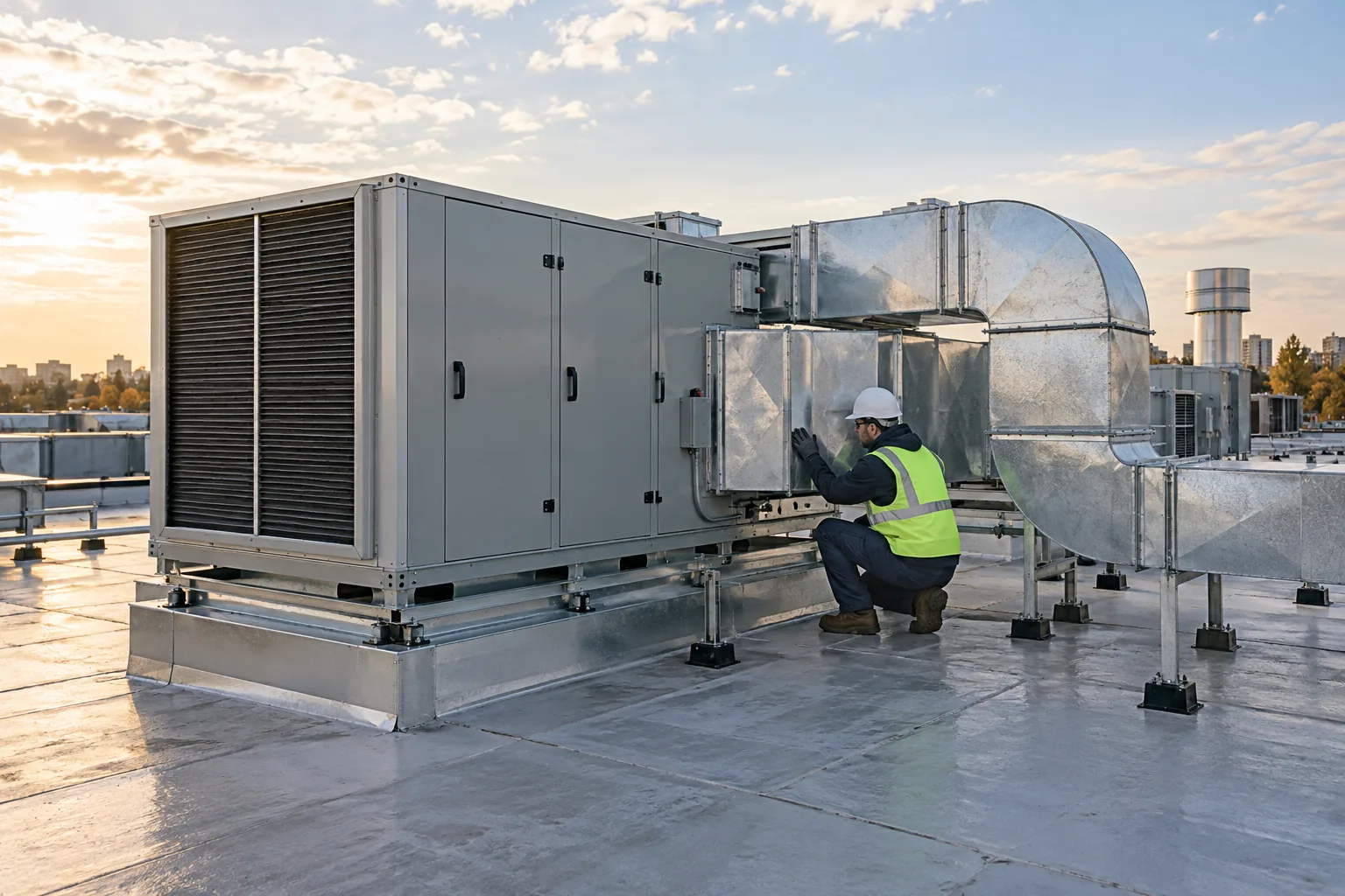 AI-generated illustration of commercial rooftop air-handling unit with galvanized ductwork, access panels and a technician inspecting ventilation connections.