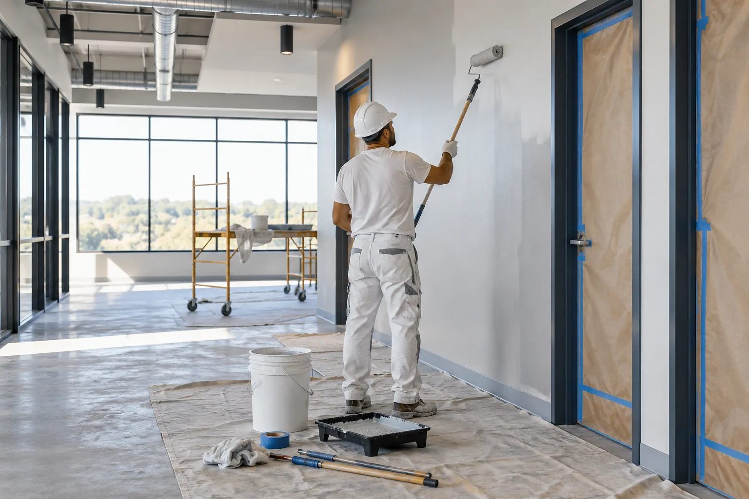 AI-generated illustration of commercial interior painter rolling a clean wall beside masked door frames, paint trays and surface preparation tools.