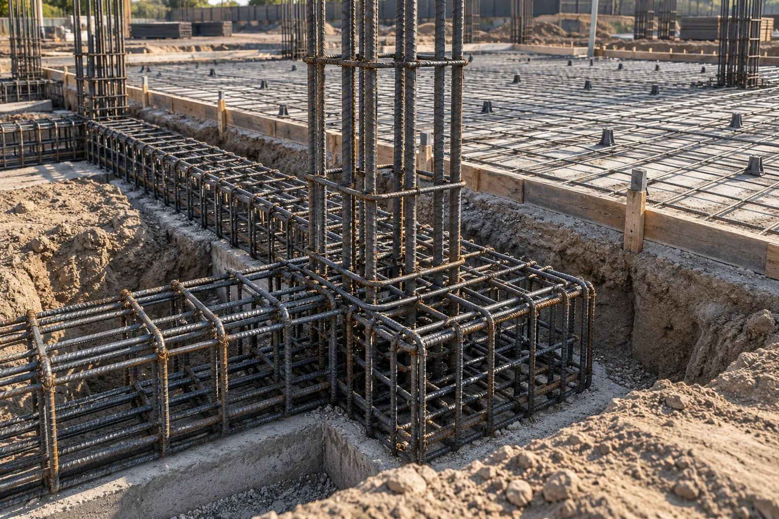 AI-generated illustration of close architectural photograph of tied reinforcing steel cages for commercial footings with slab reinforcement in the background.