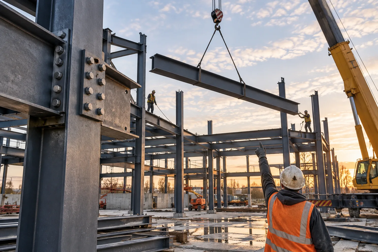 AI-generated illustration of commercial steel building skeleton with bolted I-beam connections and a crane lifting a beam.