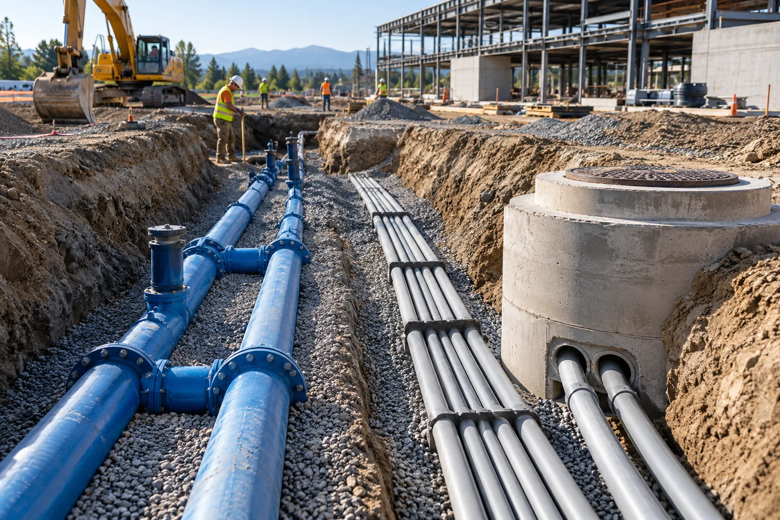 AI-generated illustration of commercial underground utility installation with trench bedding, separated water pipes and conduit banks, a manhole structure nearby.