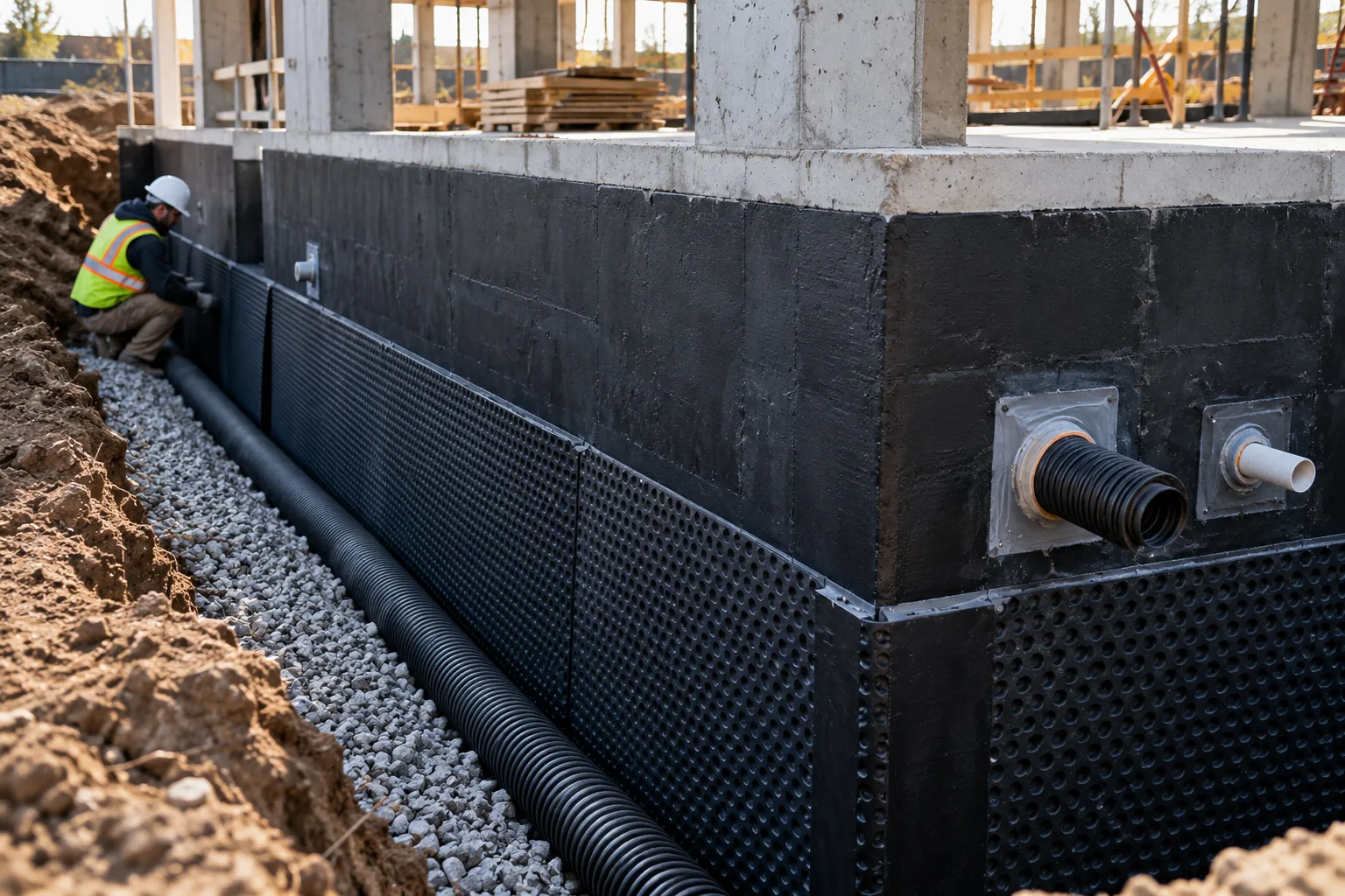AI-generated illustration of commercial below-grade foundation wall with dark waterproofing membrane, drainage board and careful sealed penetrations.